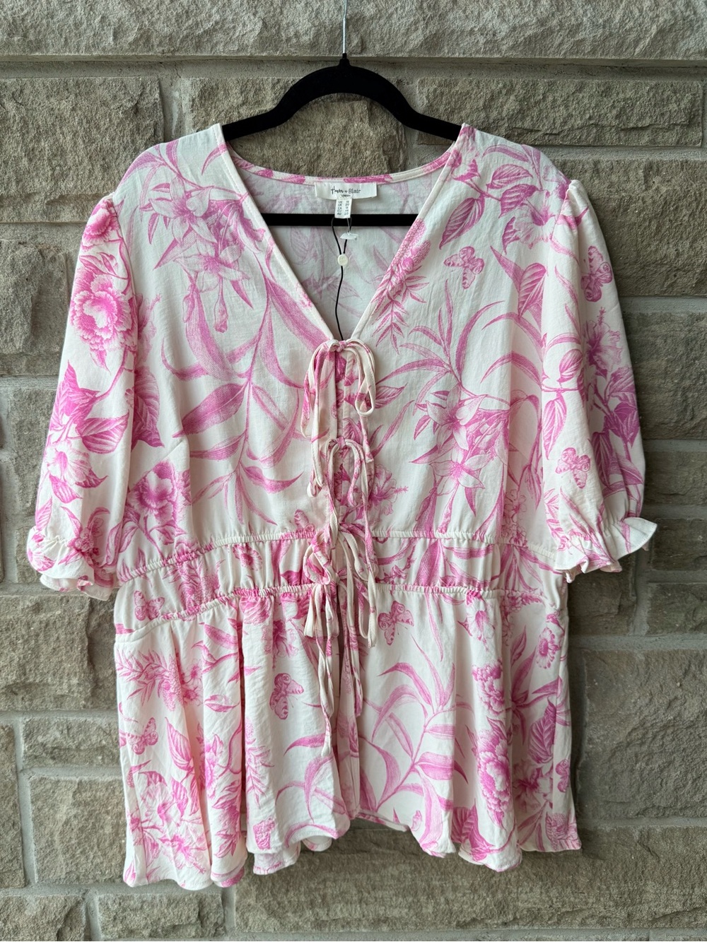 NWOT Haver & Blair Pink Floral Linen Blend Tie Front Peplum Blouse Peasant 1X